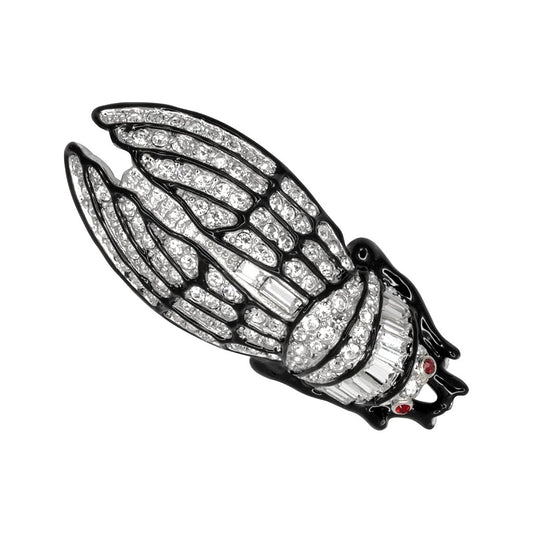 Silver Black Lines and Crystal Small Cicada Pin