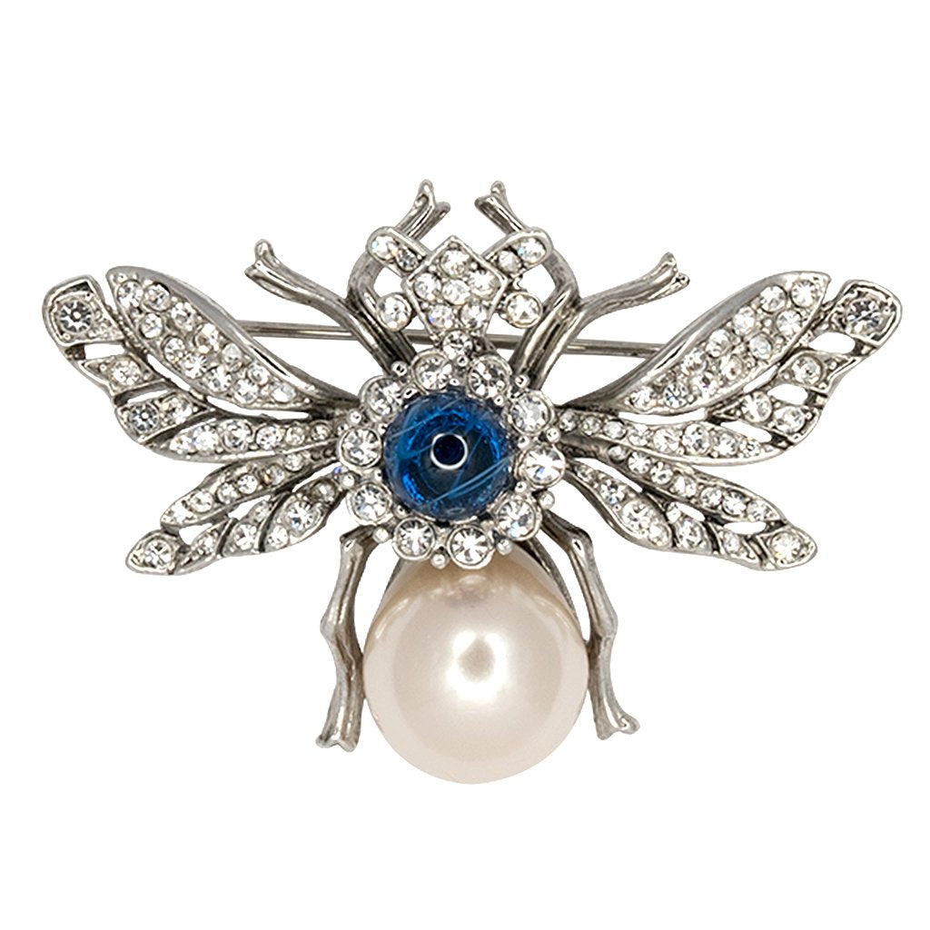 Silver With Sapphire And Pearl Body Bee Pin