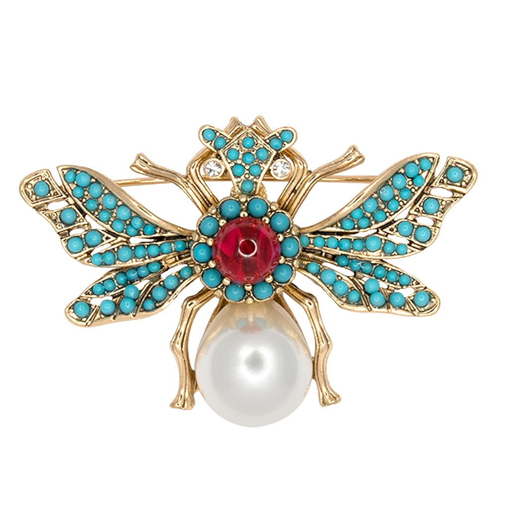 Gold With Ruby Torquoise Pearl Body Bee Pin