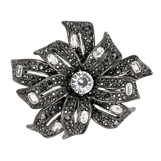 Silver Black Lines and Crystal Ribbon Pin