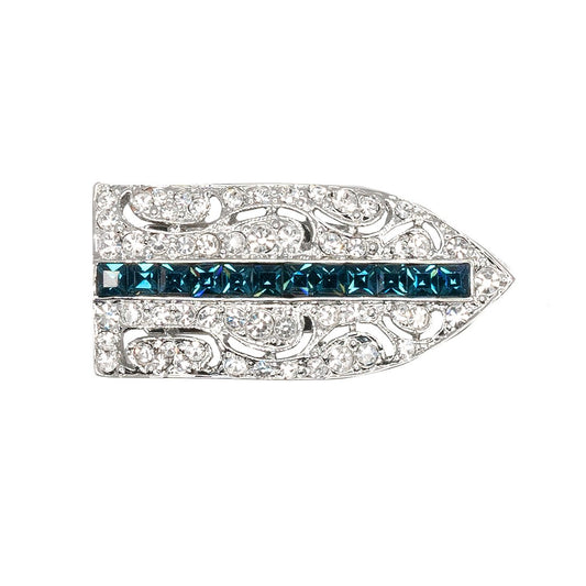 Jackie O Silver and Crystal Deco Pin with Sapphire