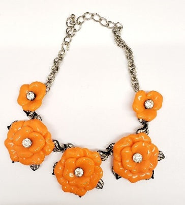 5 coral flower necklace w- rhodium chain & r-r black lines leaves