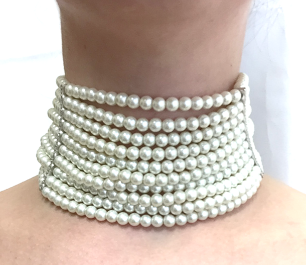 Ten Row Pearl With Rhinestone Curved Bars Choker