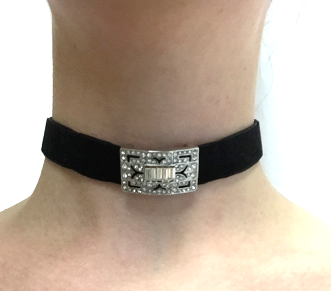 12-16" Black Velvet Choker With Crystal Deco Front