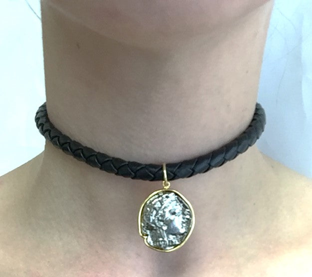 Black Leather Choker with Gold Frame-Silver Coin Pendant