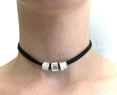 Black Choker with 3 Silver-Crystal Rhondelles