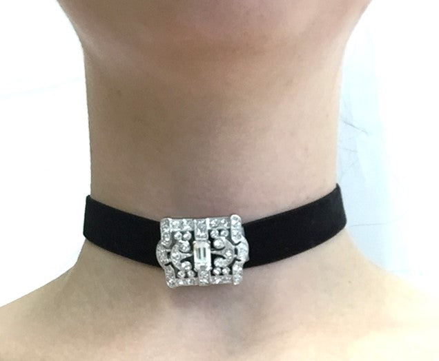 Black Velvet Choker with Silver-Crystal Deco Front