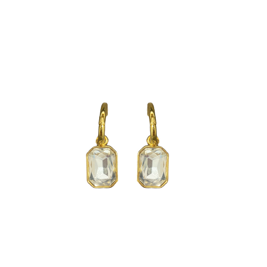 Gold Pierced Huggie-Crystal Rectangle Stone Drop Earring