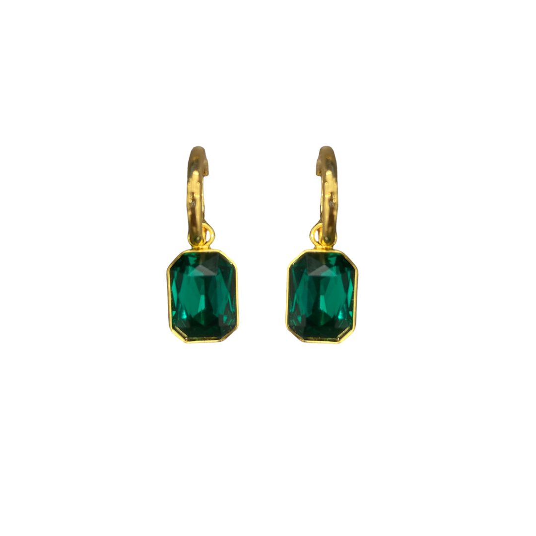 Gold Pierced Huggie-Emerald Rectangle Stone Drop Earring