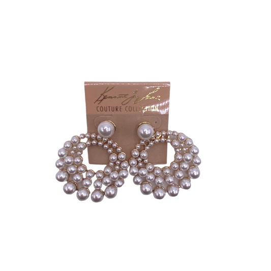 2.25x1.75" Gold-white Pearls (3,4,6,8mm) Circle Cluster Drop Earring w-10mm Pearl Post Top